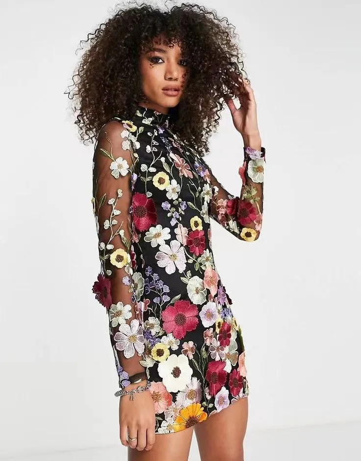 Backless High Neckline Floral Embroidered Bodycon Mini Dresses
