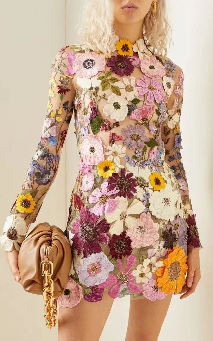 Backless High Neckline Floral Embroidered Bodycon Mini Dresses