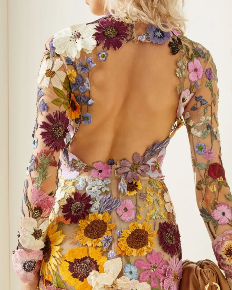 Backless High Neckline Floral Embroidered Bodycon Mini Dresses
