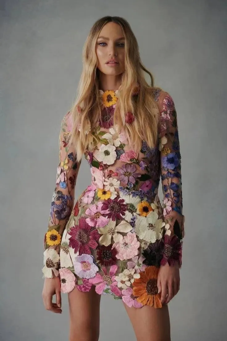 Backless High Neckline Floral Embroidered Bodycon Mini Dresses