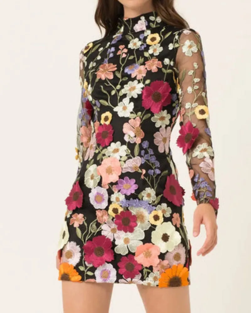 Backless High Neckline Floral Embroidered Bodycon Mini Dresses