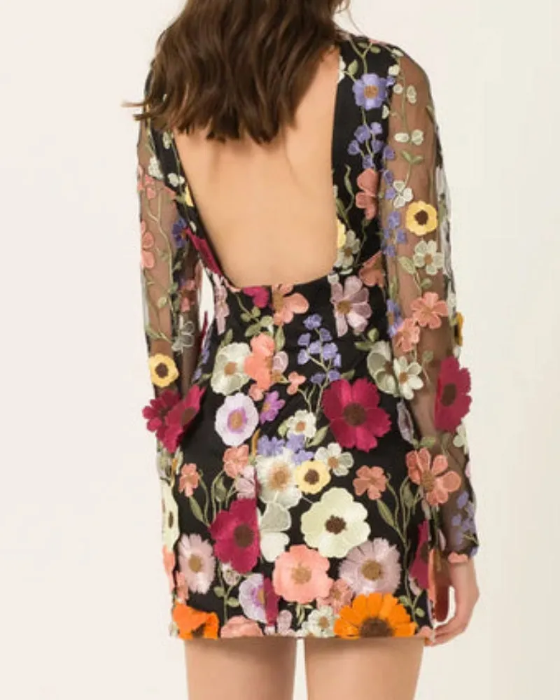 Backless High Neckline Floral Embroidered Bodycon Mini Dresses