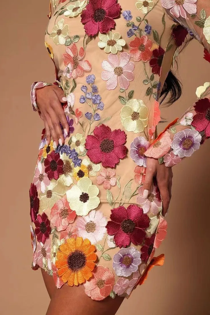 Backless High Neckline Floral Embroidered Bodycon Mini Dresses