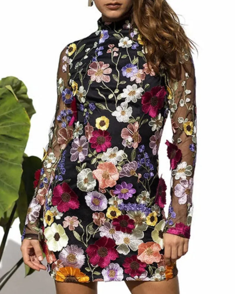 Backless High Neckline Floral Embroidered Bodycon Mini Dresses