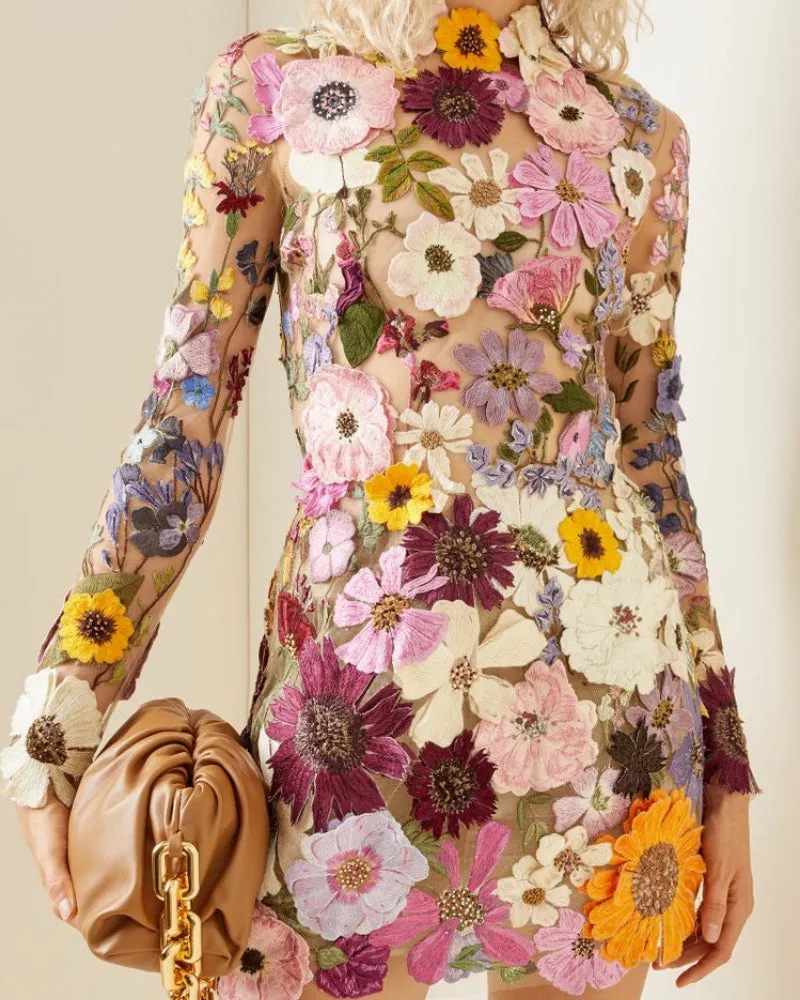Backless High Neckline Floral Embroidered Bodycon Mini Dresses