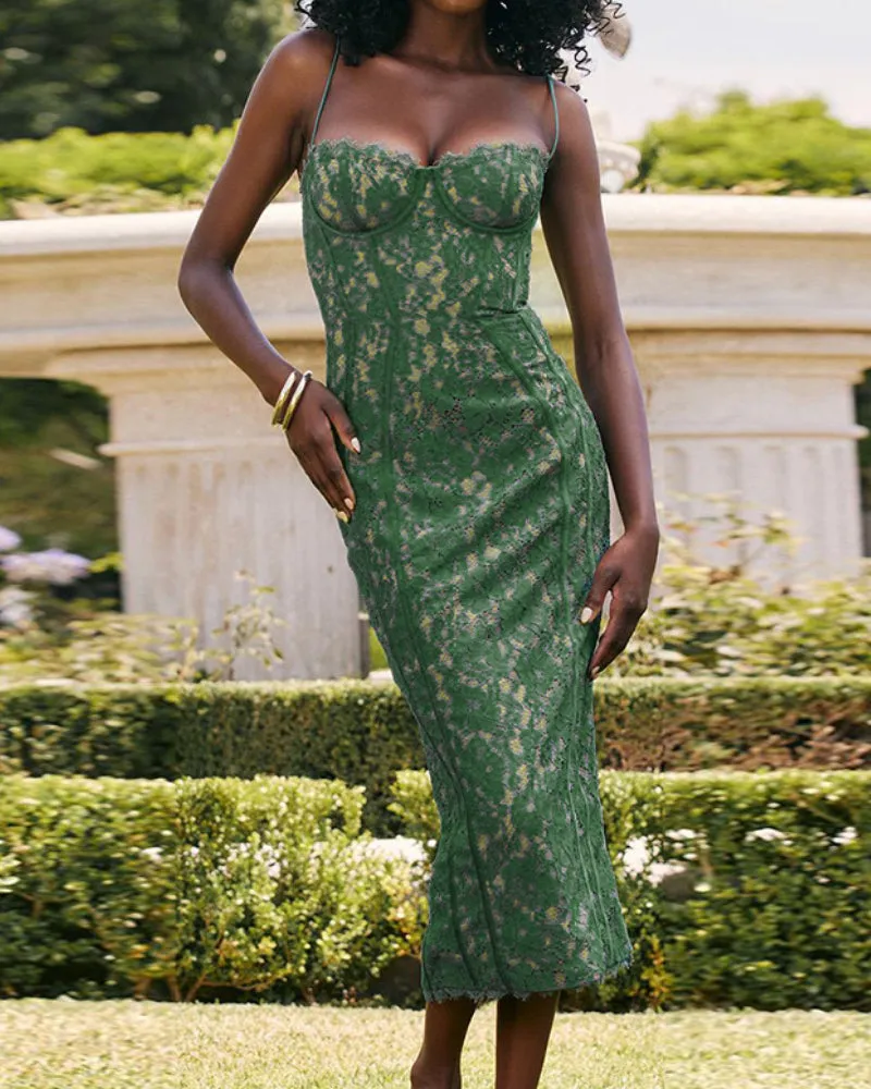 Backless Lace Suspenders Floral Flower Bodycon Midi Dresses