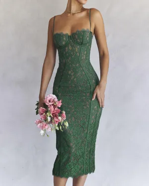 Backless Lace Suspenders Floral Flower Bodycon Midi Dresses