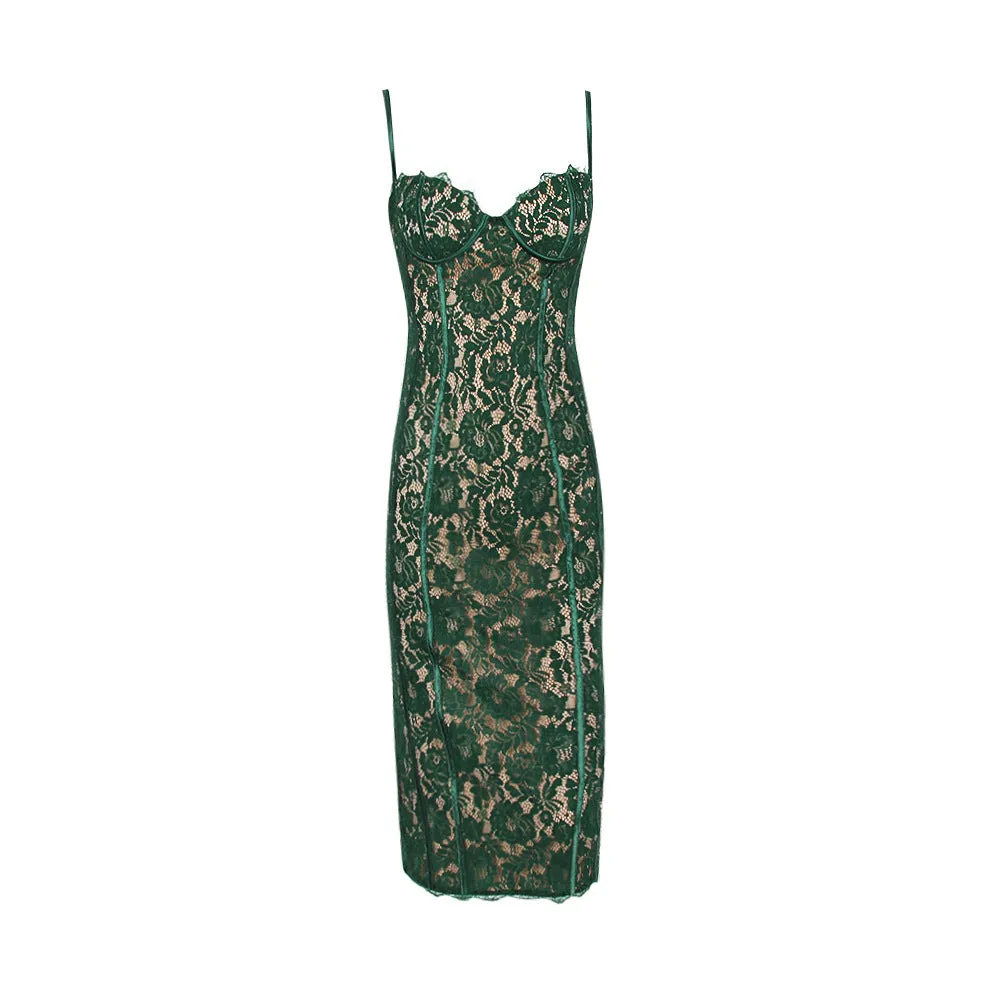 Backless Lace Suspenders Floral Flower Bodycon Midi Dresses