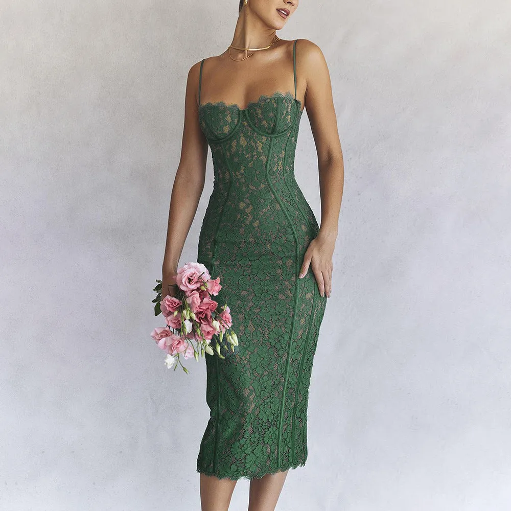 Backless Lace Suspenders Floral Flower Bodycon Midi Dresses