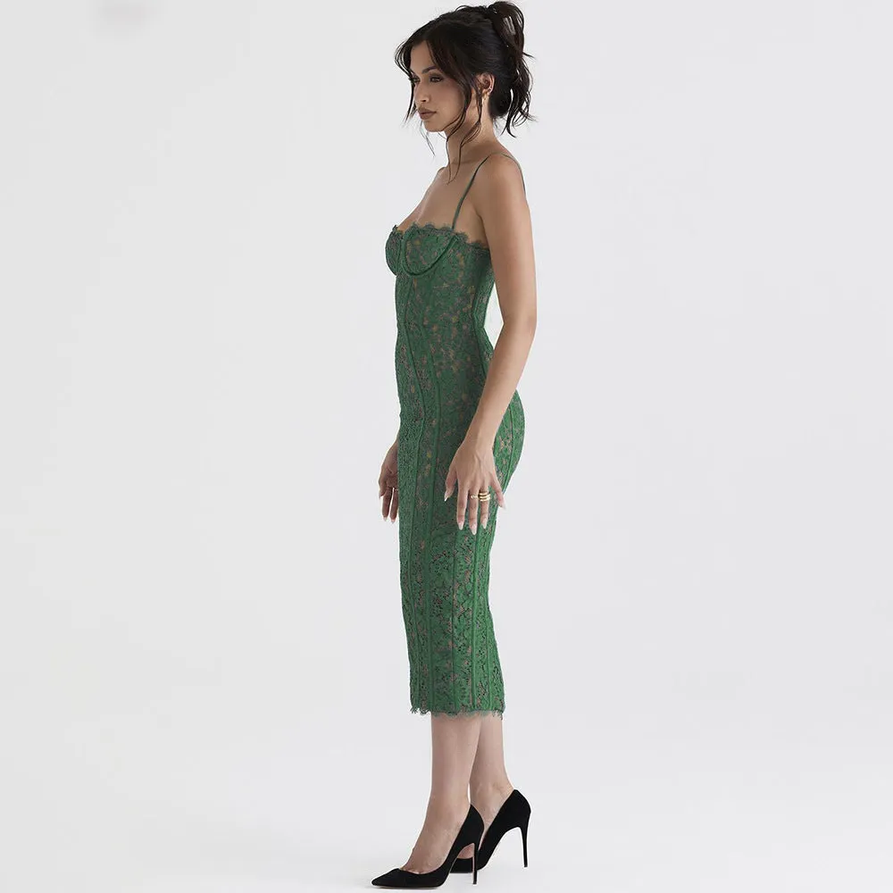 Backless Lace Suspenders Floral Flower Bodycon Midi Dresses