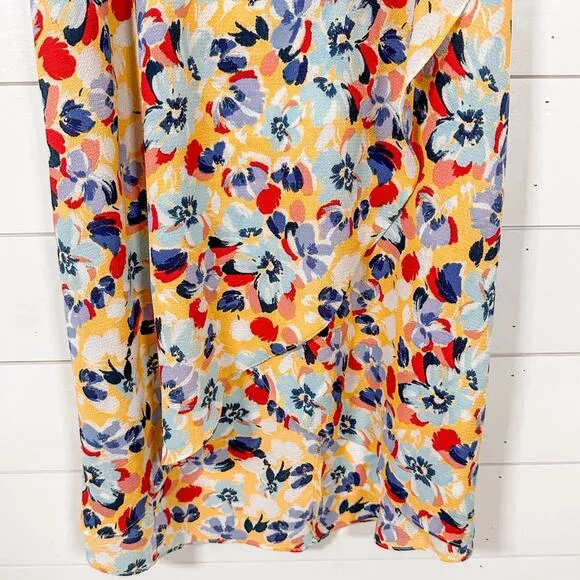 BCBGeneration Yellow Red Blue Floral Ruffle Sarong Wrap Midi Skirt, EUC, Size XS