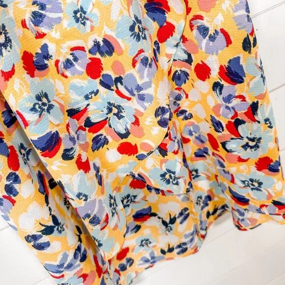 BCBGeneration Yellow Red Blue Floral Ruffle Sarong Wrap Midi Skirt, EUC, Size XS