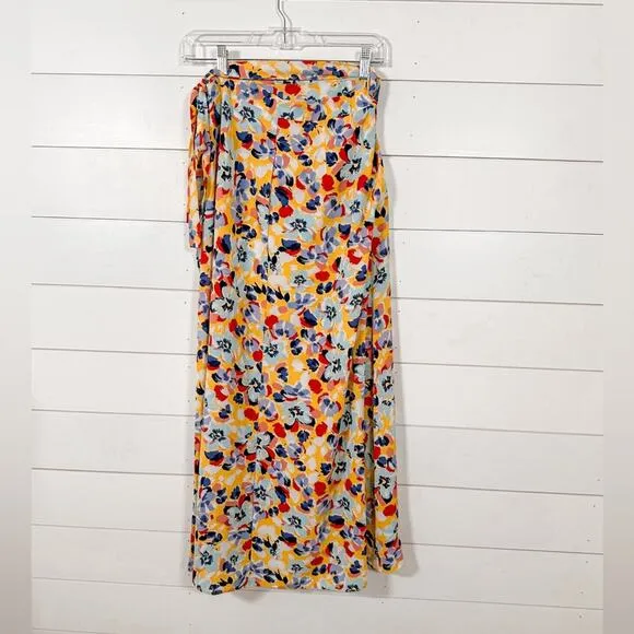BCBGeneration Yellow Red Blue Floral Ruffle Sarong Wrap Midi Skirt, EUC, Size XS