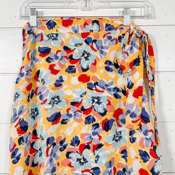 BCBGeneration Yellow Red Blue Floral Ruffle Sarong Wrap Midi Skirt, EUC, Size XS