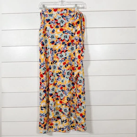 BCBGeneration Yellow Red Blue Floral Ruffle Sarong Wrap Midi Skirt, EUC, Size XS