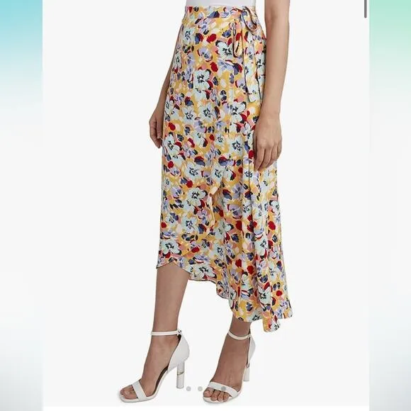 BCBGeneration Yellow Red Blue Floral Ruffle Sarong Wrap Midi Skirt, EUC, Size XS