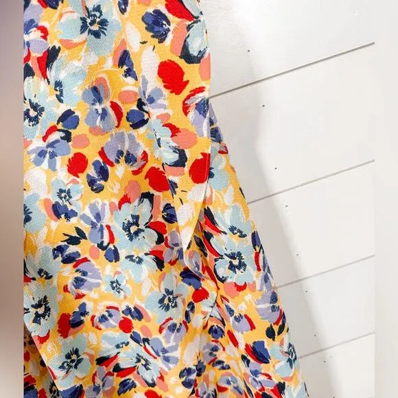 BCBGeneration Yellow Red Blue Floral Ruffle Sarong Wrap Midi Skirt, EUC, Size XS