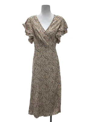 Beige Floral V Wrap Dress