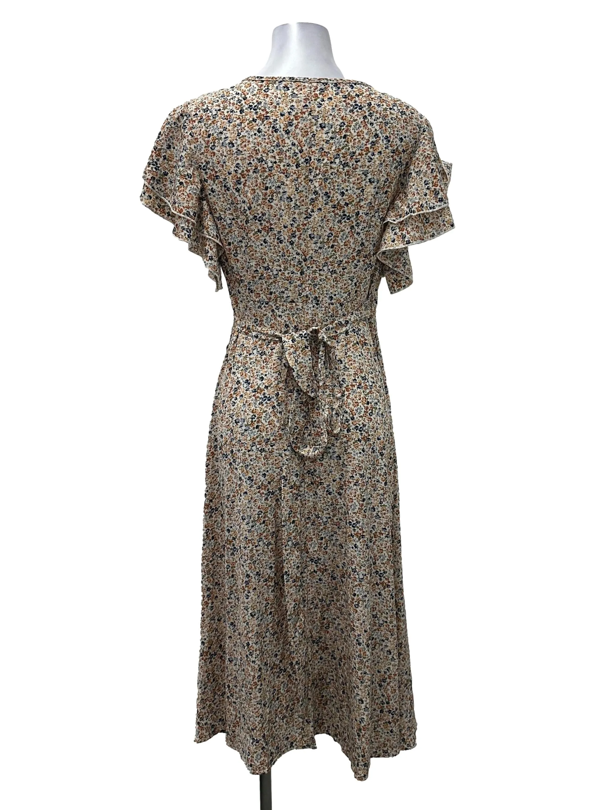 Beige Floral V Wrap Dress