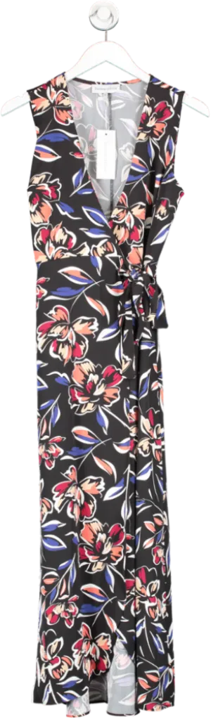 Bella and Blue Black Sleeveless Wrap Midi Dress With Tie In Floral UK 8