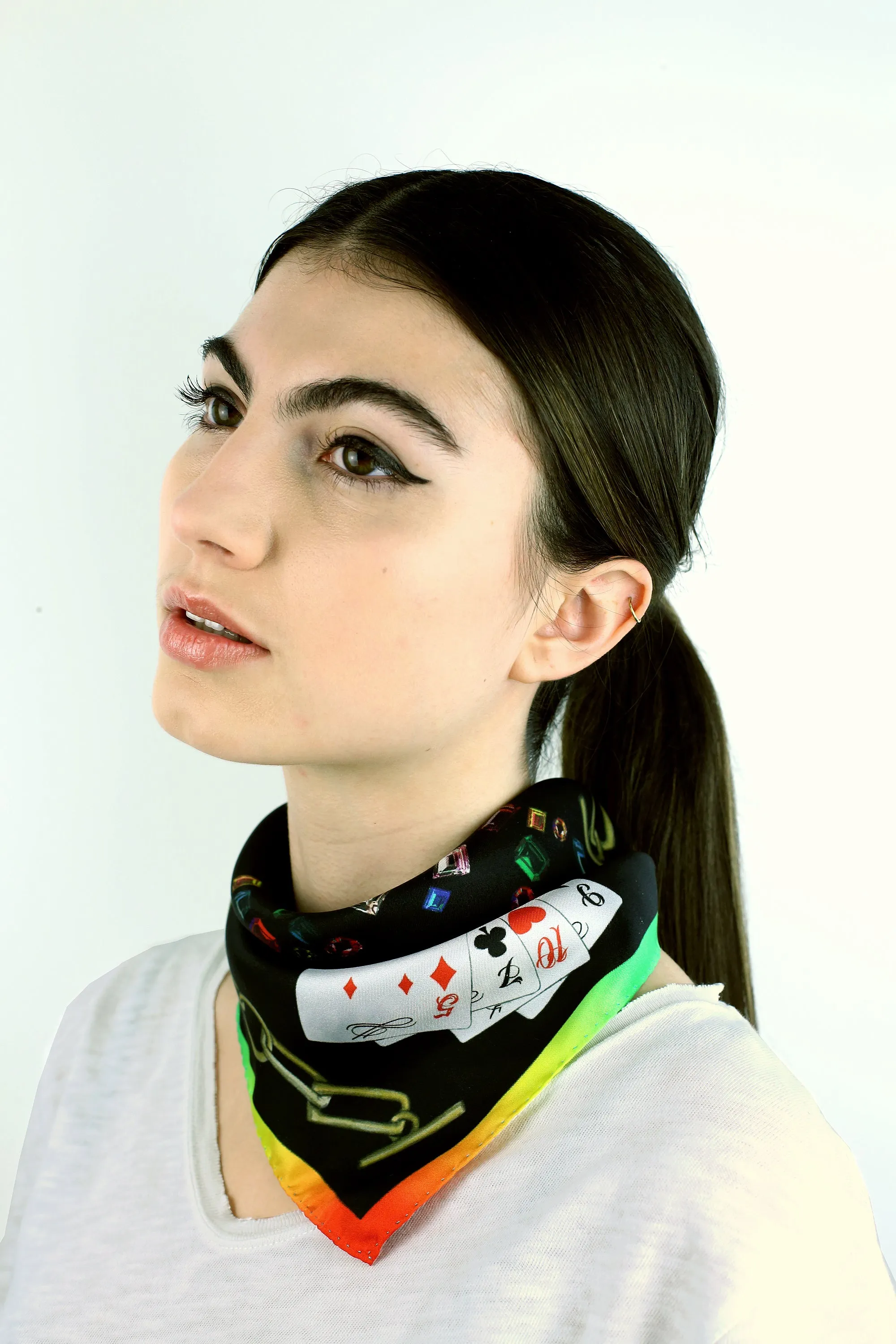 Bijoux Black Multicolor Print Silk Scarf