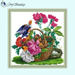 Bird and Basket Flower - Animal Pattern Cross Stitch Kit - Joy Sunday