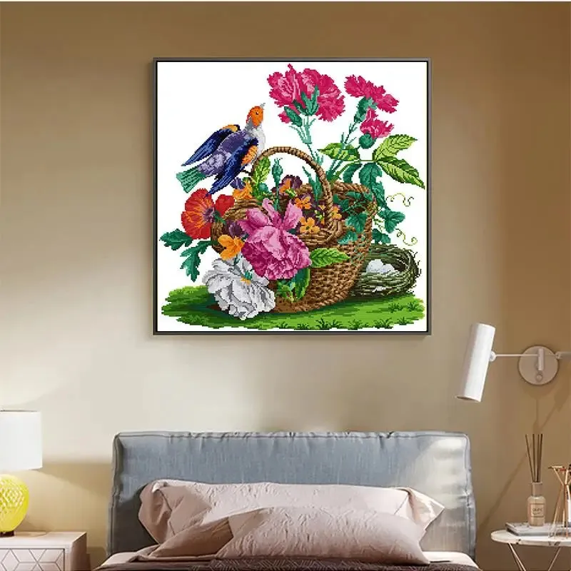 Bird and Basket Flower - Animal Pattern Cross Stitch Kit - Joy Sunday