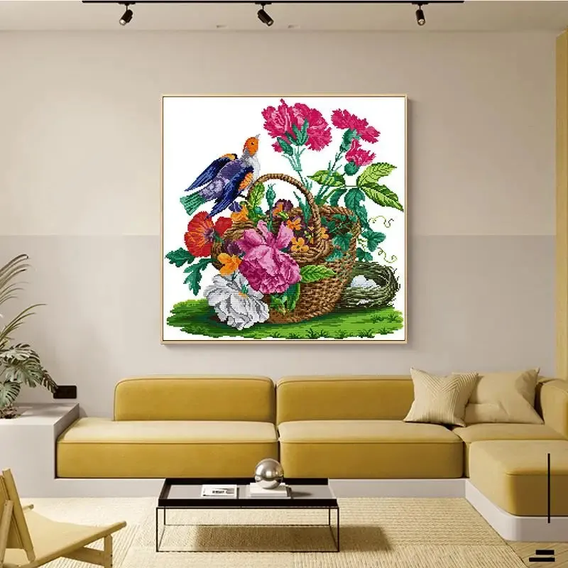 Bird and Basket Flower - Animal Pattern Cross Stitch Kit - Joy Sunday