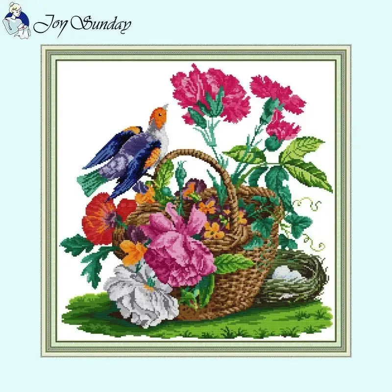 Bird and Basket Flower - Animal Pattern Cross Stitch Kit - Joy Sunday