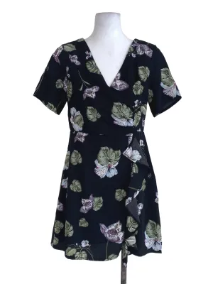 Black Floral Wrap Mini Dress TEM