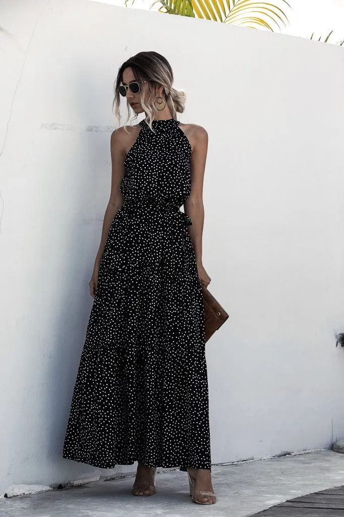 Black Wave Bohemian Boho Printed Hanging Neck Straps Maxi Dresses