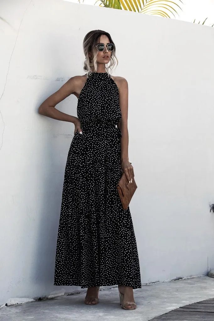 Black Wave Bohemian Boho Printed Hanging Neck Straps Maxi Dresses