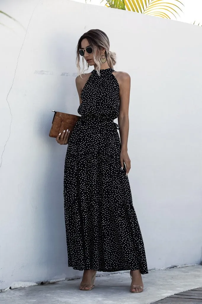 Black Wave Bohemian Boho Printed Hanging Neck Straps Maxi Dresses