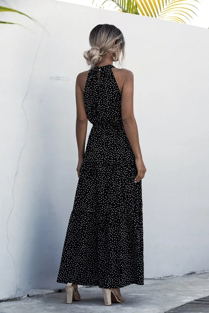 Black Wave Bohemian Boho Printed Hanging Neck Straps Maxi Dresses
