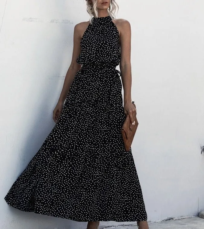 Black Wave Bohemian Boho Printed Hanging Neck Straps Maxi Dresses