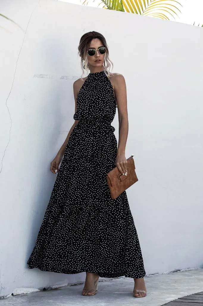 Black Wave Bohemian Boho Printed Hanging Neck Straps Maxi Dresses