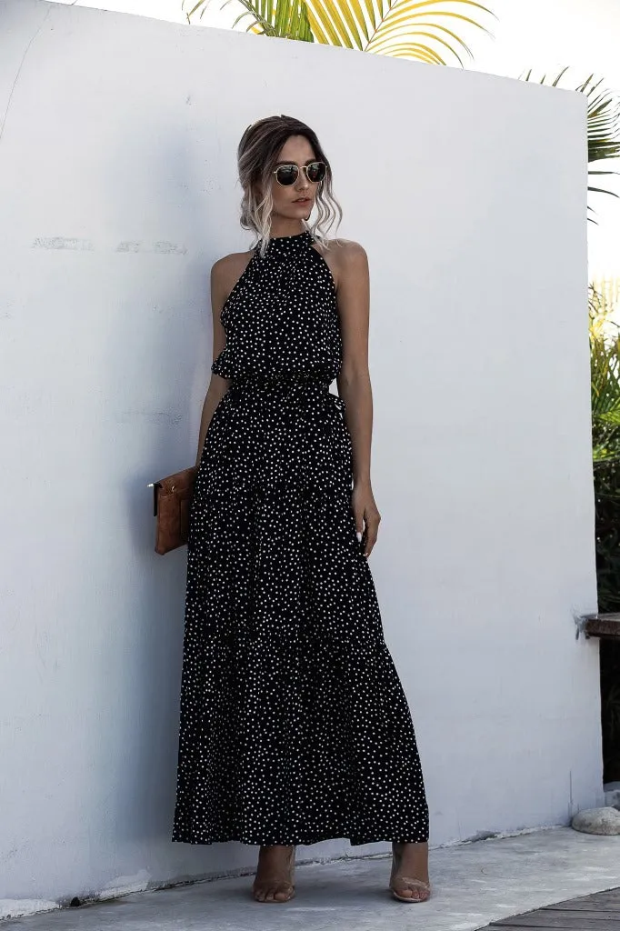 Black Wave Bohemian Boho Printed Hanging Neck Straps Maxi Dresses