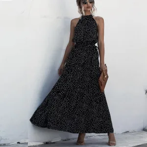 Black Wave Bohemian Boho Printed Hanging Neck Straps Maxi Dresses