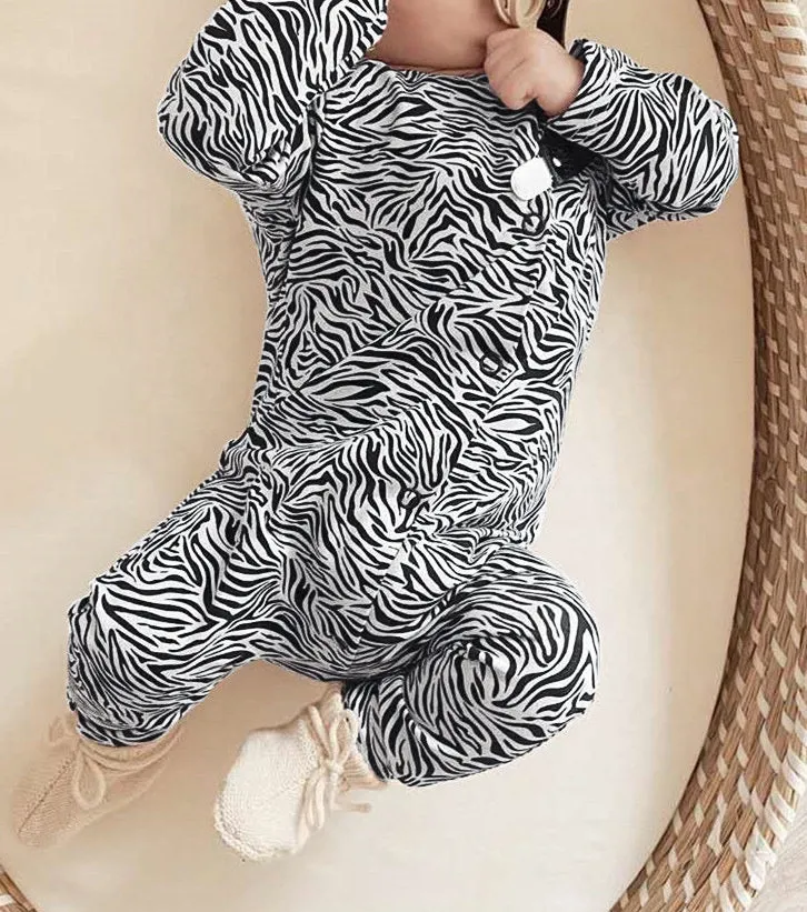 Black White Wave Print Long Sleeve Jumpsuit 12M-24M