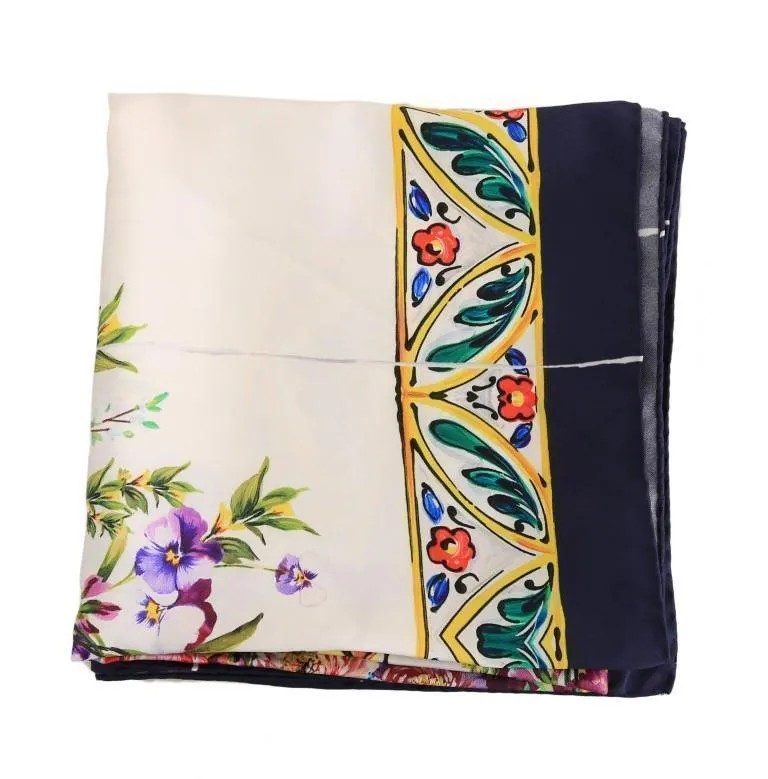 Blue Floral Print Silk Scarf