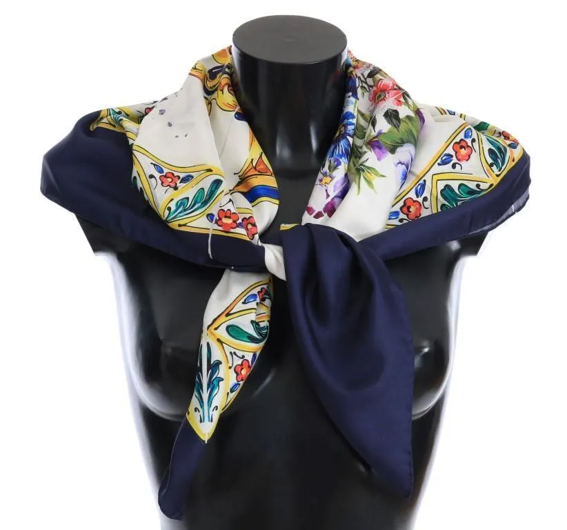 Blue Floral Print Silk Scarf