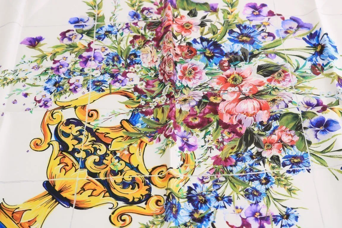 Blue Floral Print Silk Scarf