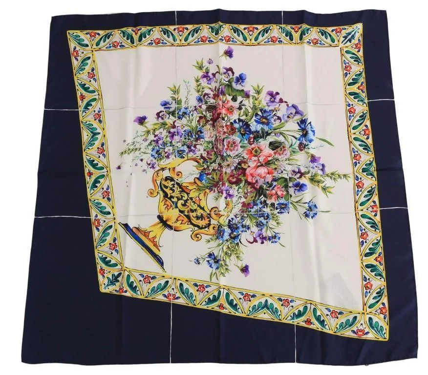 Blue Floral Print Silk Scarf