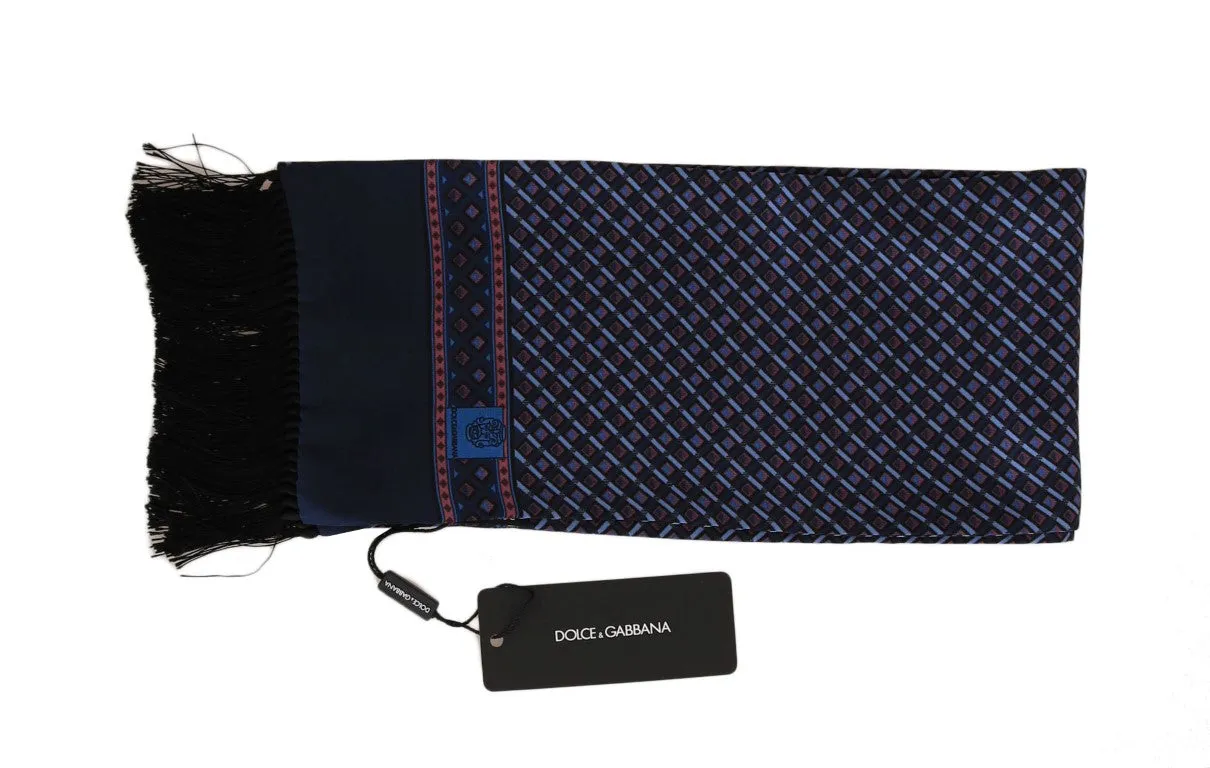 Blue Red Silk Patterned Scarf