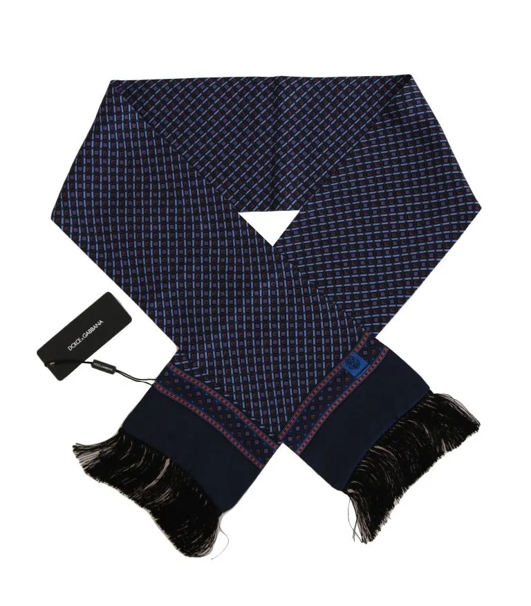 Blue Red Silk Patterned Scarf