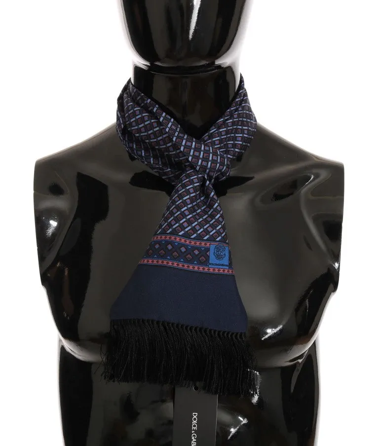 Blue Red Silk Patterned Scarf