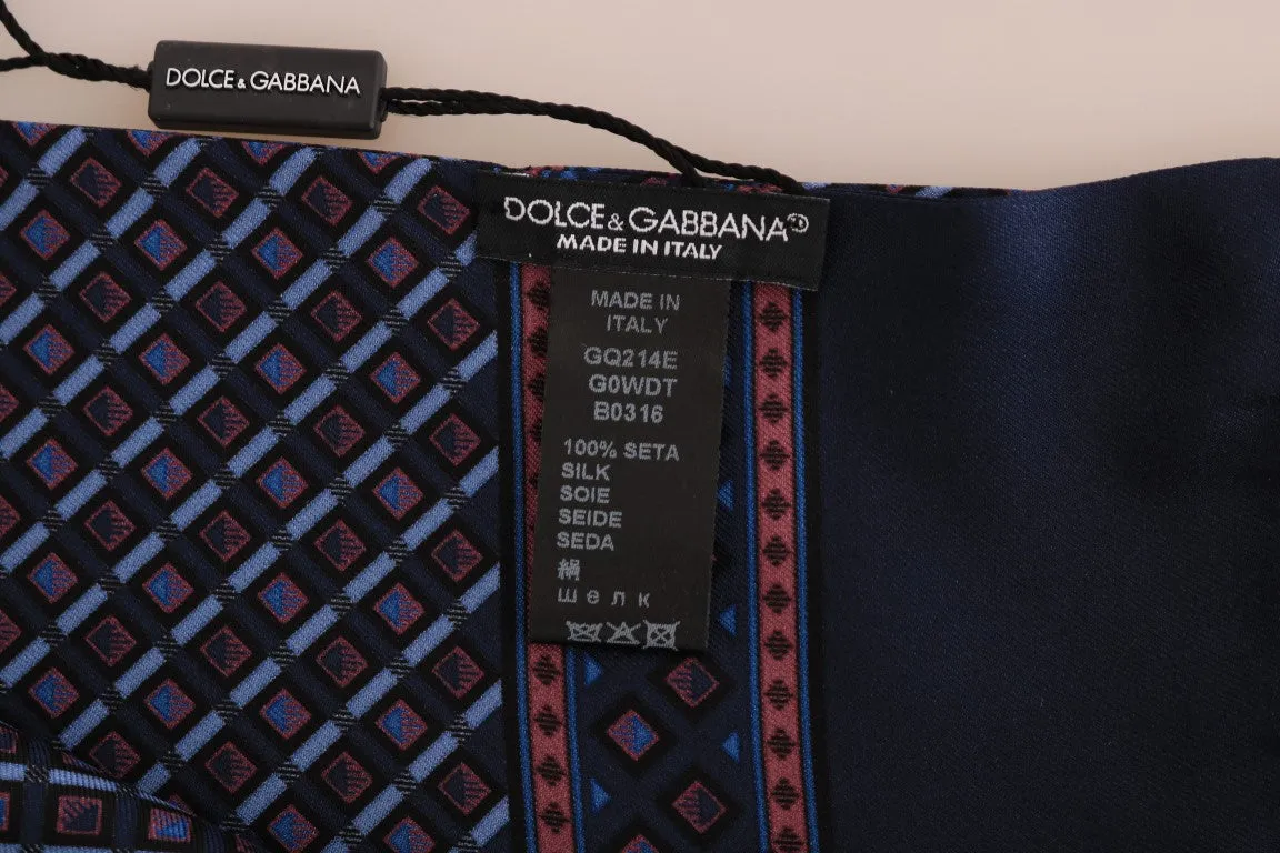Blue Red Silk Patterned Scarf
