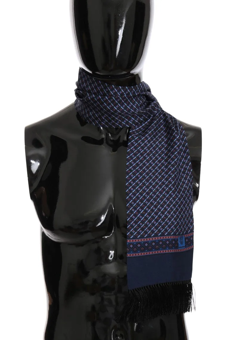 Blue Red Silk Patterned Scarf