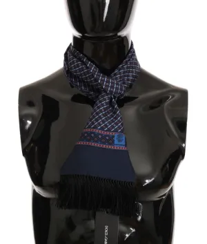 Blue Red Silk Patterned Scarf