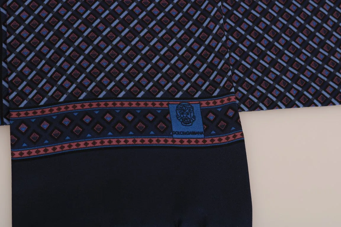 Blue Red Silk Patterned Scarf